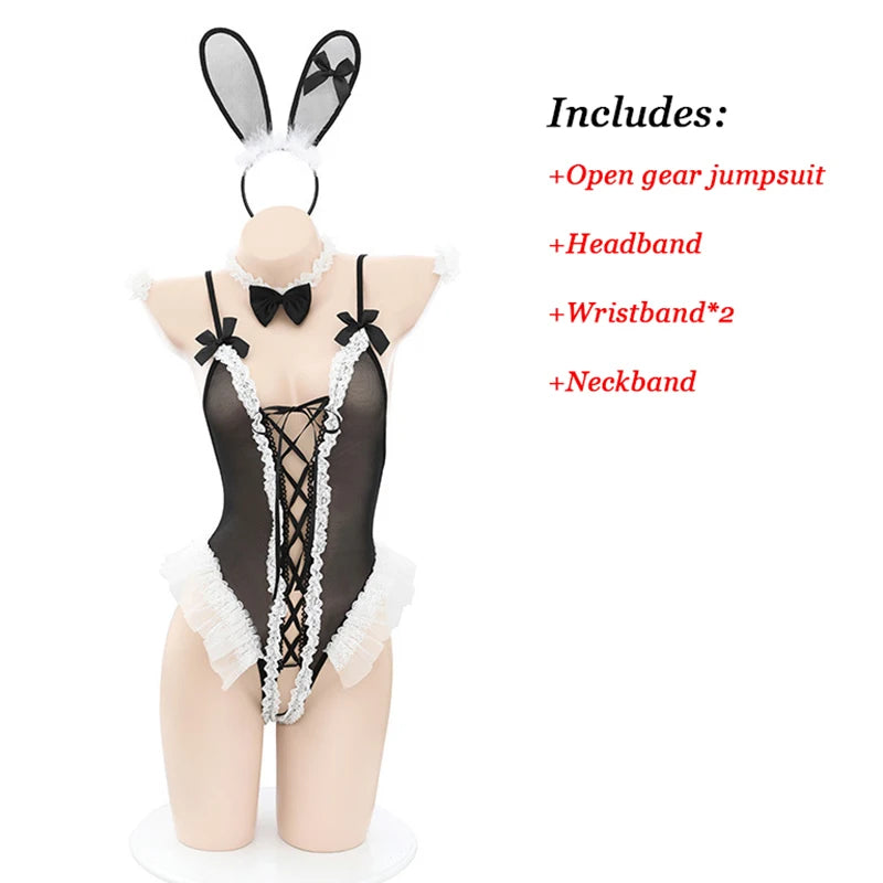 Cute Bunny Girl Cosplay Uniform Rabbit Costumes Maid Open Crotch Jumpsuit Suit Women Lace Lingerie Role Play Waiter Erotic Set