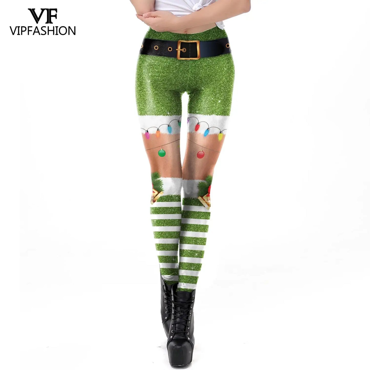VIP FASHION Christmas Belt Leggings Gift Autumn Winter Festival Legging  Women 3D Stripe Sexy High Waist Skinny Leggins