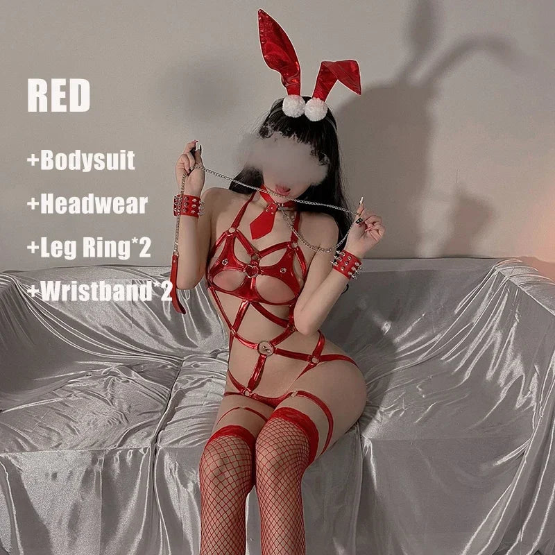 Bunny Girl Cosplay Costumes Bdsm PU Leather Bondage Hollow Out Bodysuit with Headband Erotic Sexy Lingerie Women Uniform