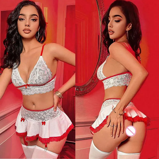 Sexy Cosplay Nurse Uniform Maid Uniform Sets V Neck Sheer Top+Mini Skirt+Thongs Hollow Out Cosplay Porn Sex Outfits