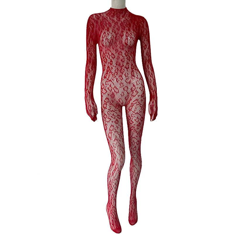 Sexy Lace See Through Bodysuit Long Sleeve Fishnet Jumpsuits Elastic Night Club Jump Suits for Women Sexy Pole Dancing Overalls