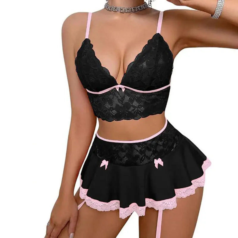 Sexy Cosplay Nurse Uniform Maid Uniform Sets V Neck Sheer Top+Mini Skirt+Thongs Hollow Out Cosplay Porn Sex Outfits