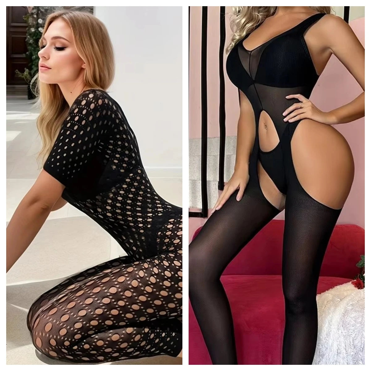 Simplejewel 1pcs/2pcs Women's Sexy Fishnet Jumpsuit Bodysuit Mesh See-through Lingerie Babydoll Nightgown Bodystocking Nightwear