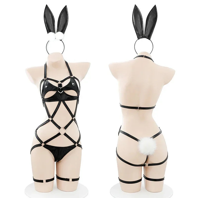 Bunny Girl Cosplay Costumes Bdsm PU Leather Bondage Hollow Out Bodysuit with Headband Erotic Sexy Lingerie Women Uniform