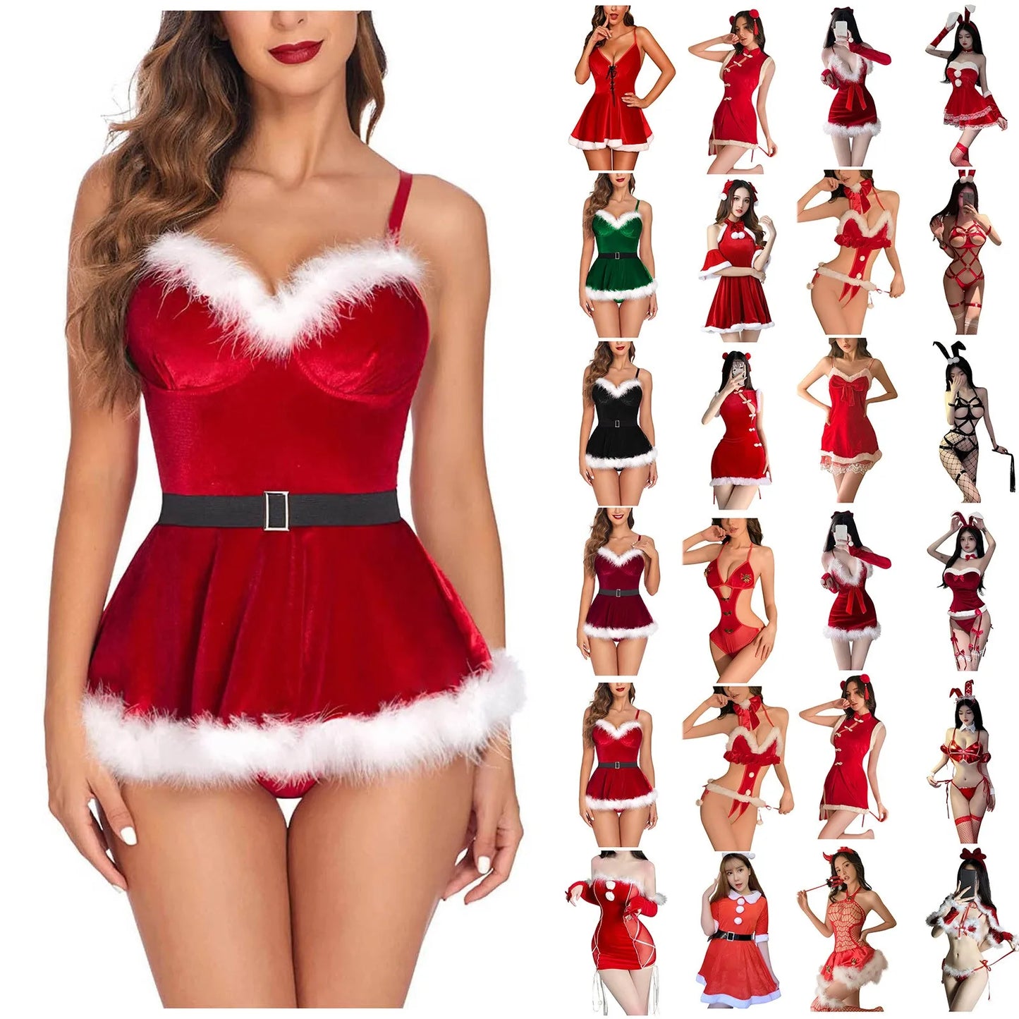 Women's Christmas Net Hang Neck Strappy Skirt Sexy Pajamas Fun Underwear  Lingerie Set Lenceria Femenina