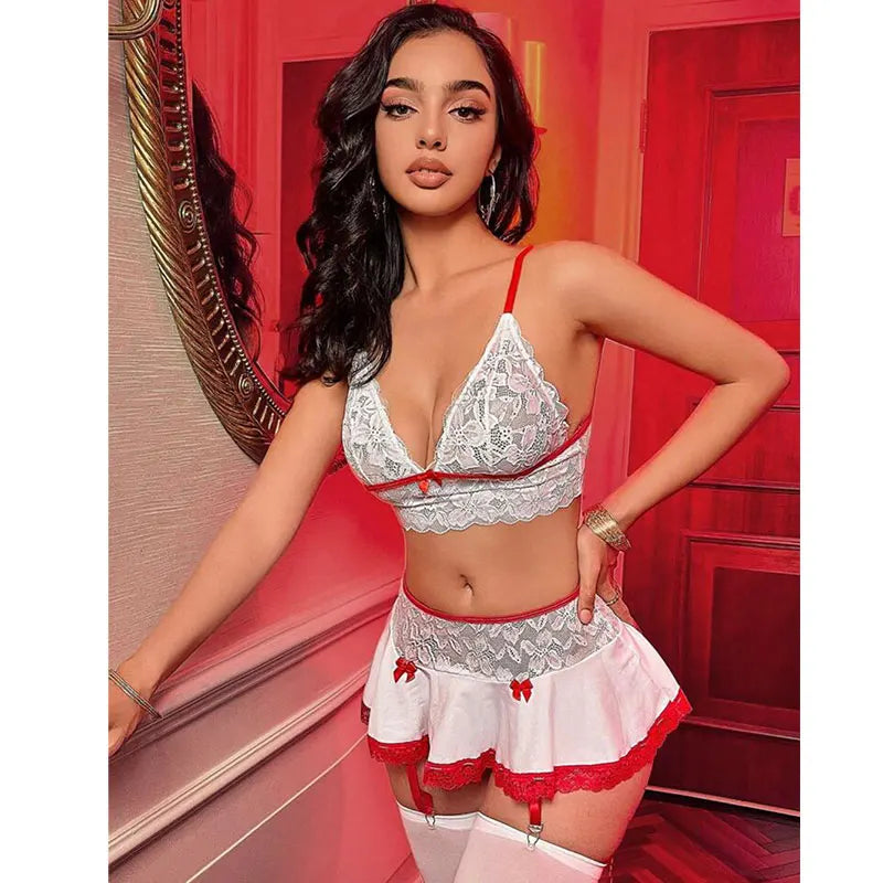 Sexy Cosplay Nurse Uniform Maid Uniform Sets V Neck Sheer Top+Mini Skirt+Thongs Hollow Out Cosplay Porn Sex Outfits