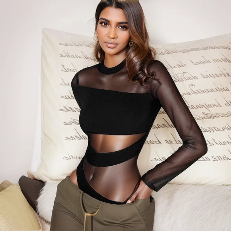 Spring Summer New Fashion Cut Cross Hollow Mesh Jumpsuit Long-Sleeved Thin O Neck Diagonal Black Charming Bodysuit Clubwear