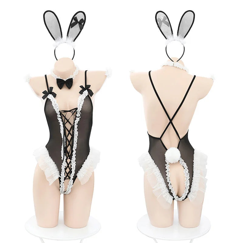 Cute Bunny Girl Cosplay Uniform Rabbit Costumes Maid Open Crotch Jumpsuit Suit Women Lace Lingerie Role Play Waiter Erotic Set