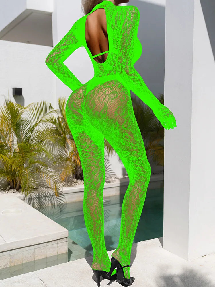 Sexy Lace See Through Bodysuit Long Sleeve Fishnet Jumpsuits Elastic Night Club Jump Suits for Women Sexy Pole Dancing Overalls