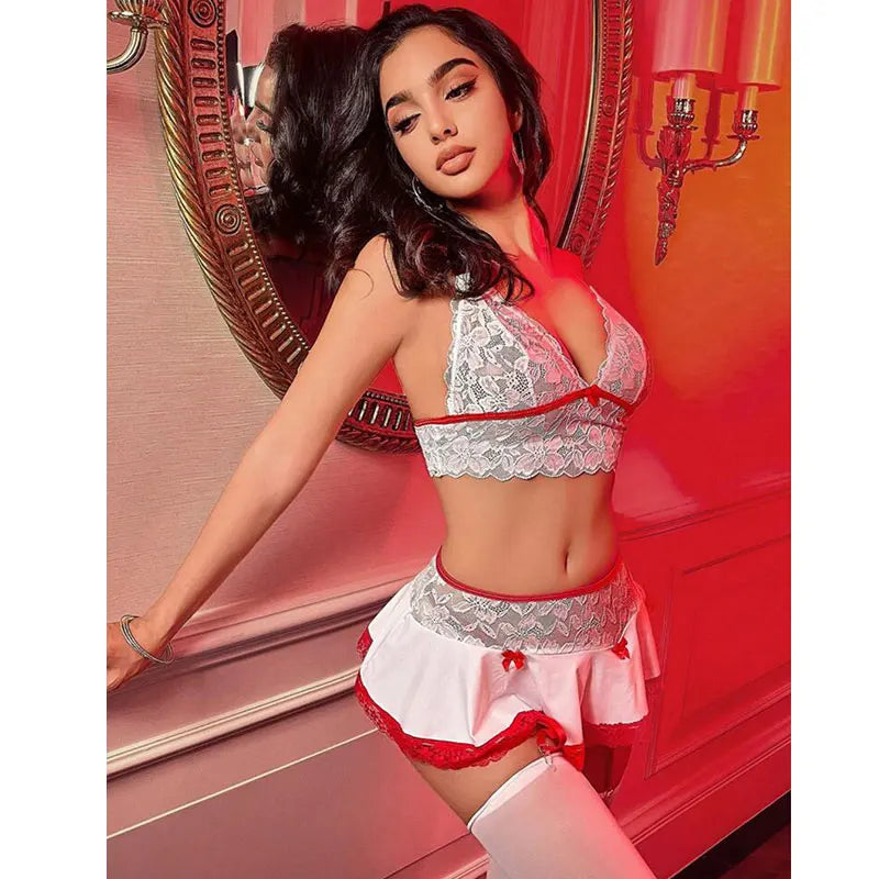 Sexy Cosplay Nurse Uniform Maid Uniform Sets V Neck Sheer Top+Mini Skirt+Thongs Hollow Out Cosplay Porn Sex Outfits