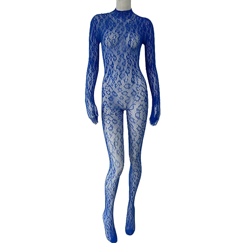 Sexy Lace See Through Bodysuit Long Sleeve Fishnet Jumpsuits Elastic Night Club Jump Suits for Women Sexy Pole Dancing Overalls